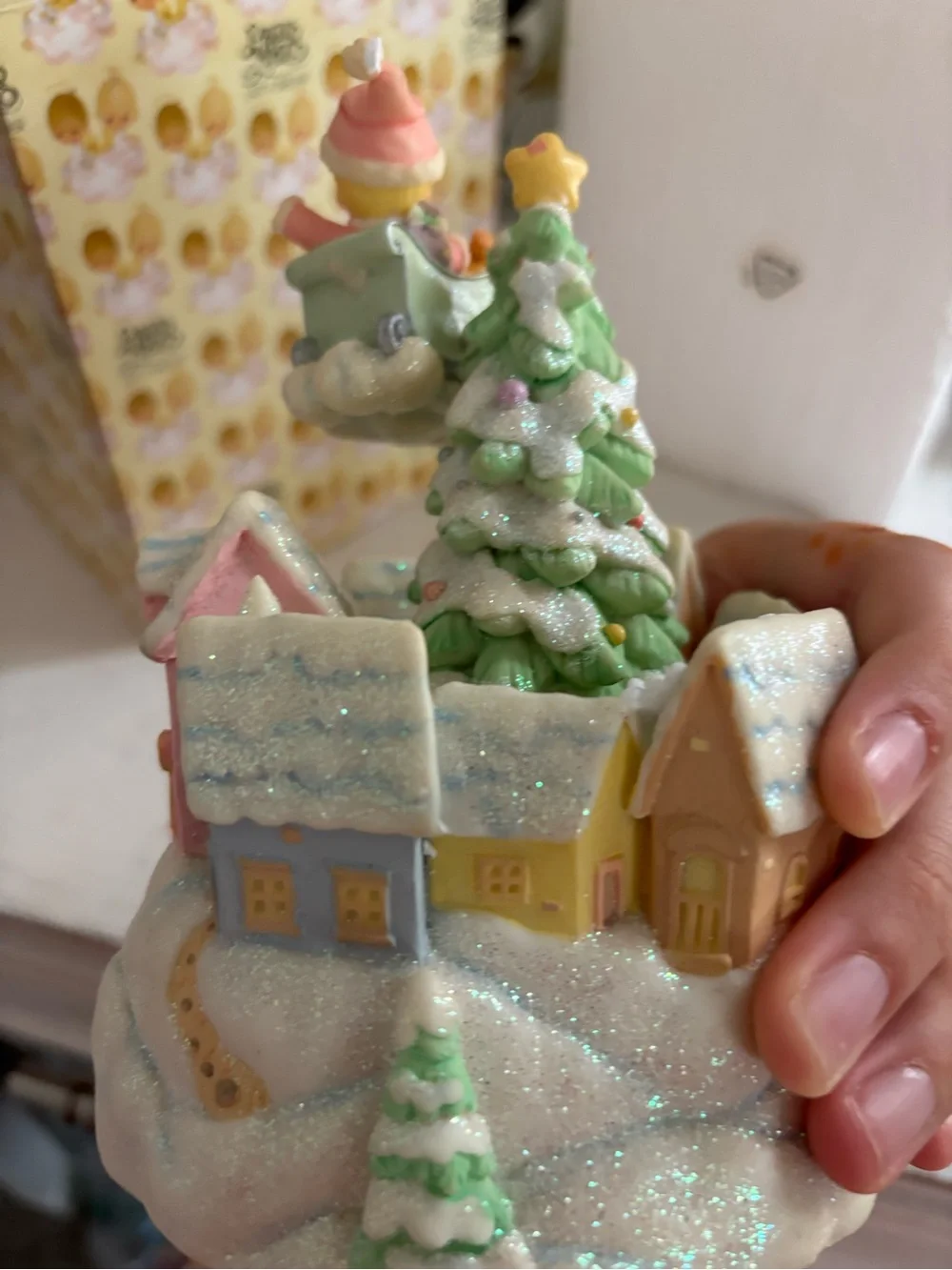Precious Moments pastel pink and mint glitter holiday village figurine